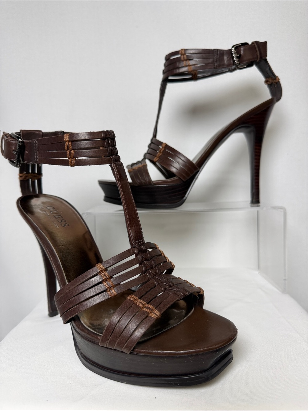 GUESS Brown Strappy Cage Platform Stiletto Sandals Heels G Gladiator Size 7